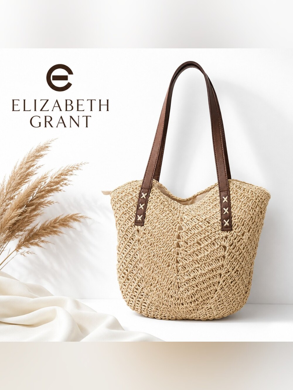 NWT Elizabeth Grant Woven Paper Straw-Look Tote Bag